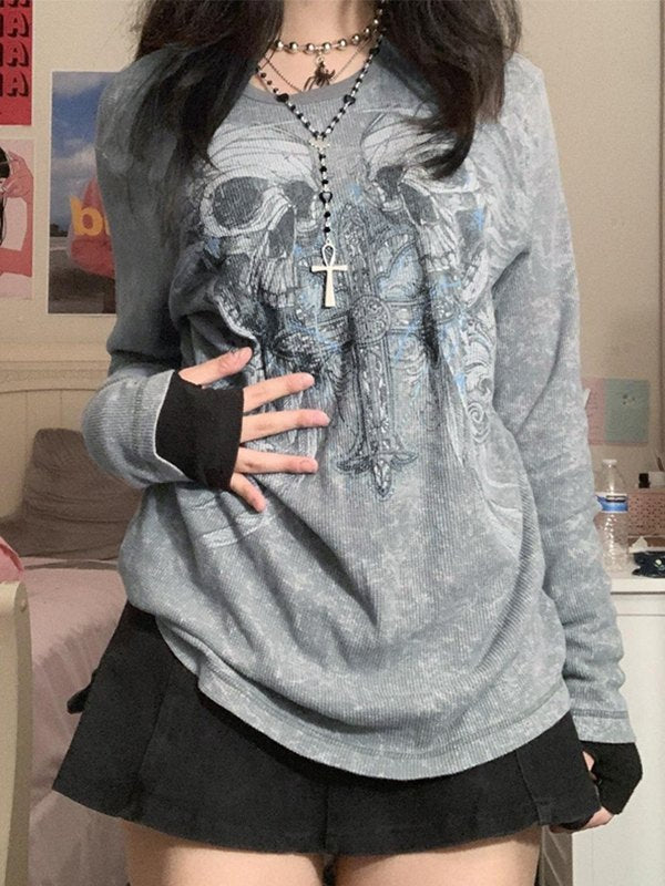 Gray Vintage Cross Skull Printed Long Sleeve Top