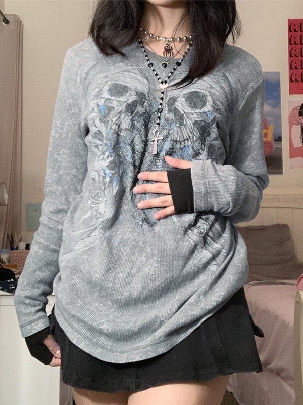 Gray Vintage Cross Skull Printed Long Sleeve Top