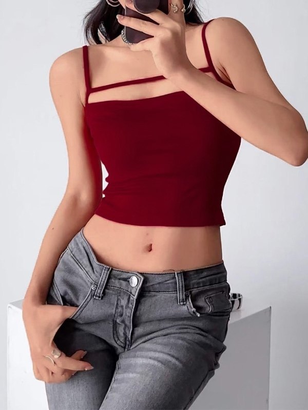 Solid Color Y2k Hollow Out Crop Cami Top