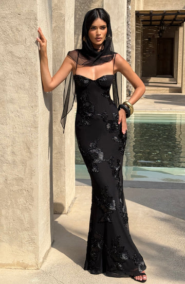 Black Floral Maxi Dress with Spaghetti Straps for Women - Romina