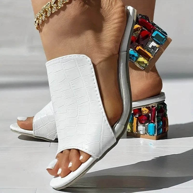 Women's Open Toe Slide Sandals | with Colorful Jewel Chunky Heels