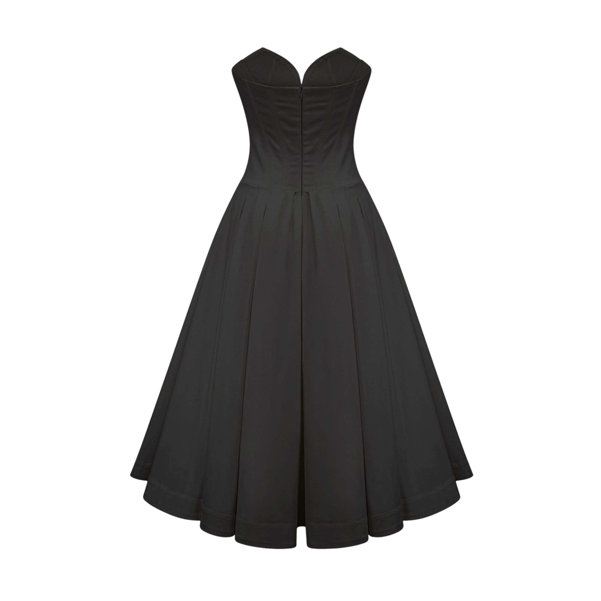 Black Strapless Corset Midi Dress with Full Skirt for Women - Silvana