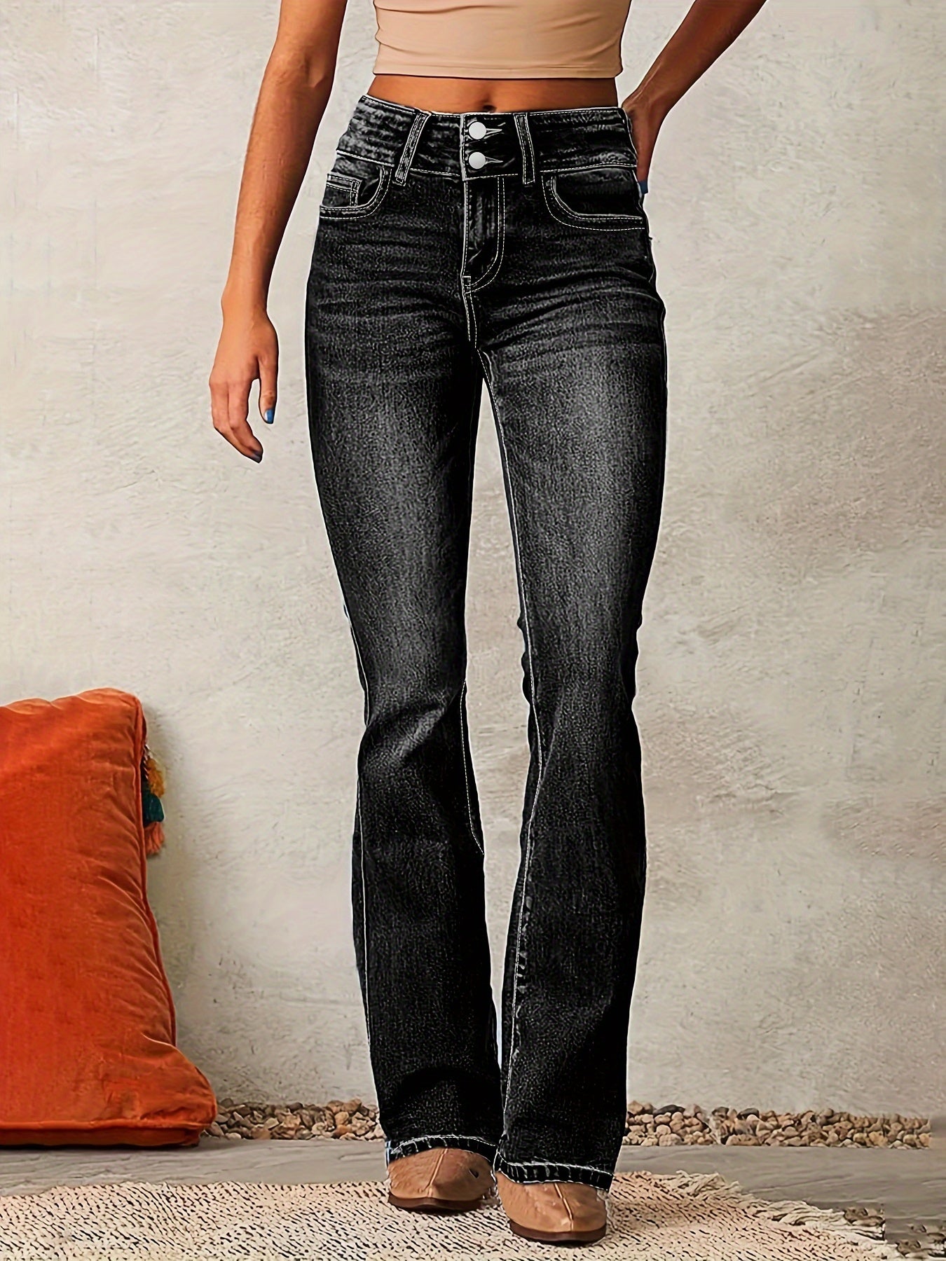 High-Waisted Flared Jeans for Women | Double Button Closure