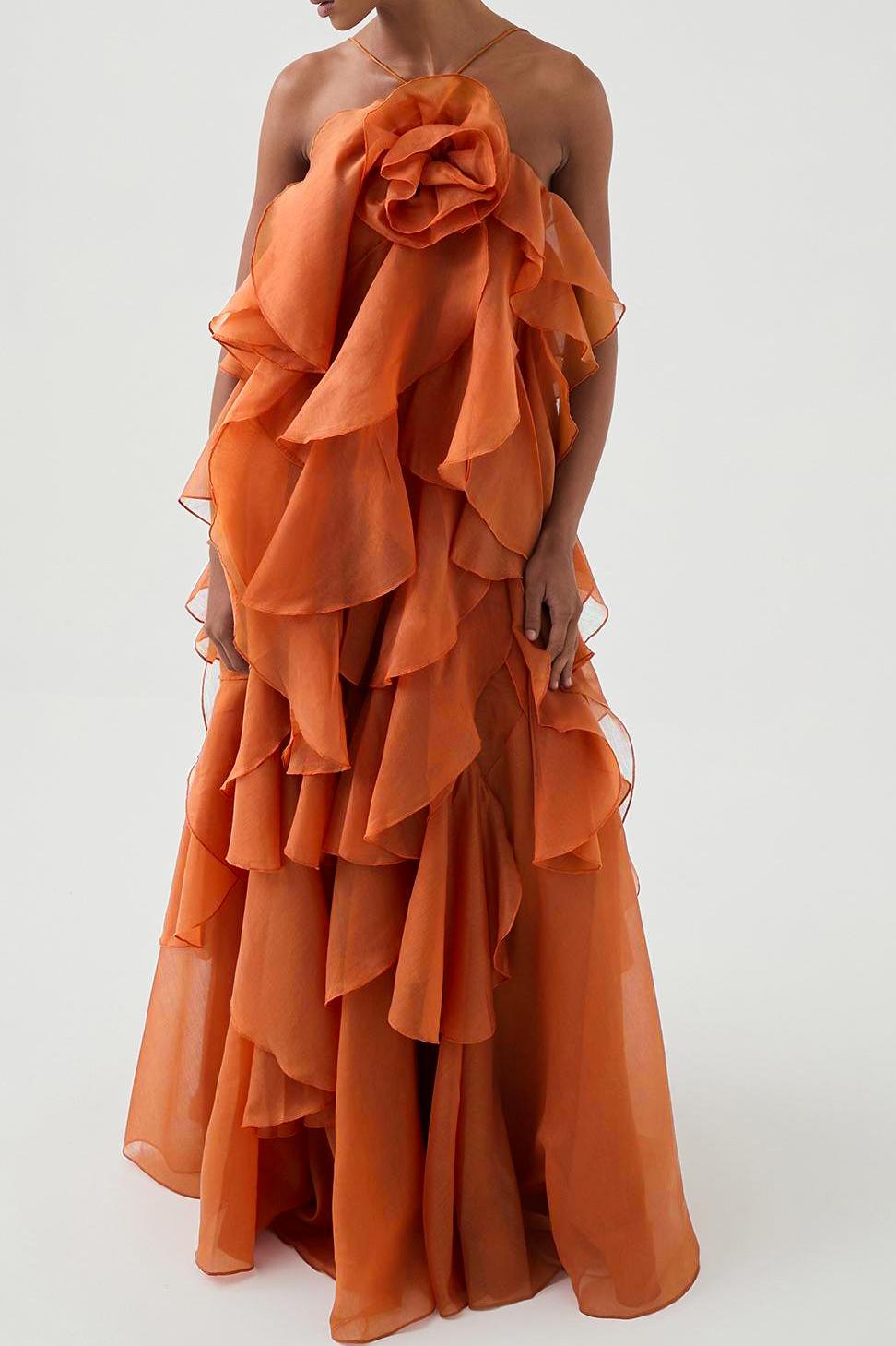 Layered Ruffle Maxi Dress with Halter Neck for Women - Cecilia