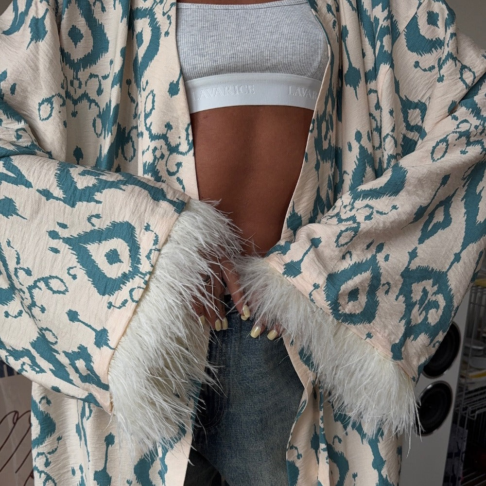 Beige Teal Printed Kimono Maxi Coat with Feather Sleeves for Women - Rachele