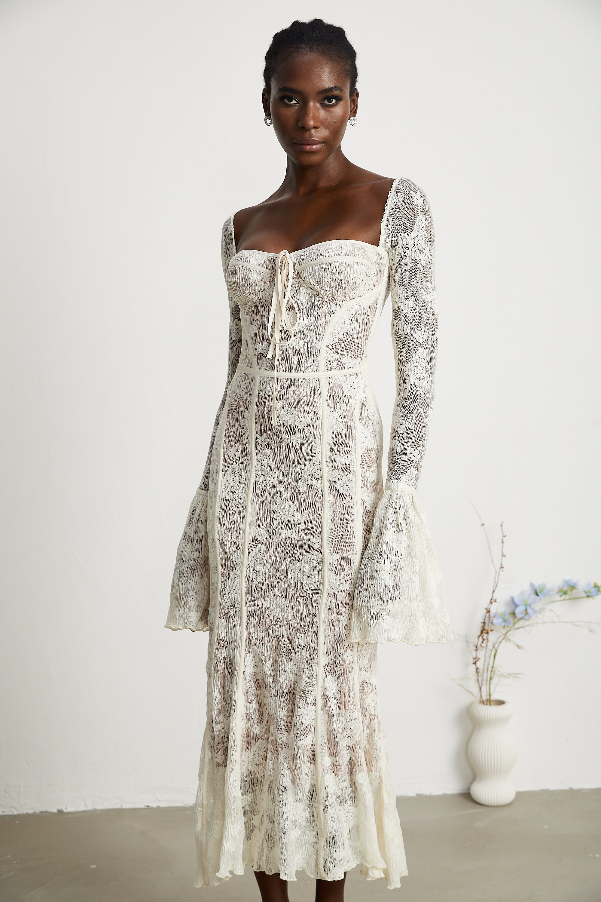 Ivory Lace Maxi Dress with Flared Sleeves for Women - Camilla
