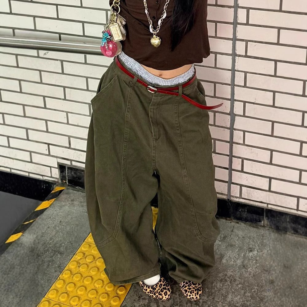 Olive Green Wide Leg Jeans with Loose Fit for Women - Adelaide