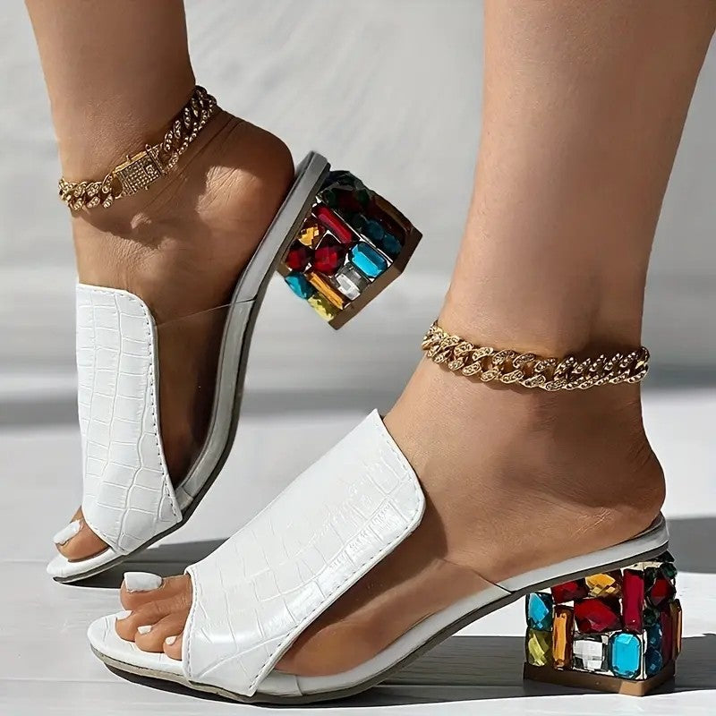 Women's Open Toe Slide Sandals | with Colorful Jewel Chunky Heels