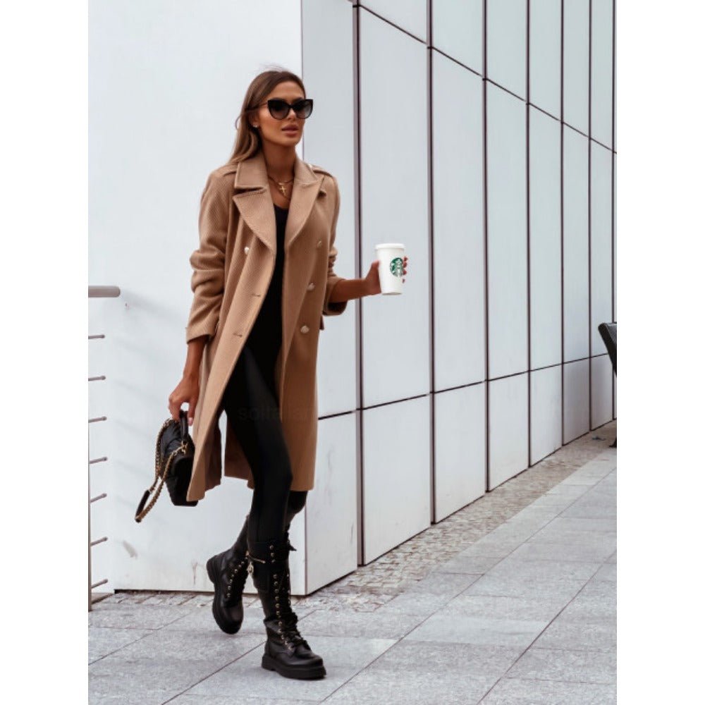 Double Breasted Long Coat with Buttons for Women - Elvira