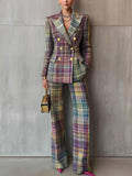 Women’s Plaid Double-Breasted Blazer and Wide-Leg Pants | Two-Piece Suit
