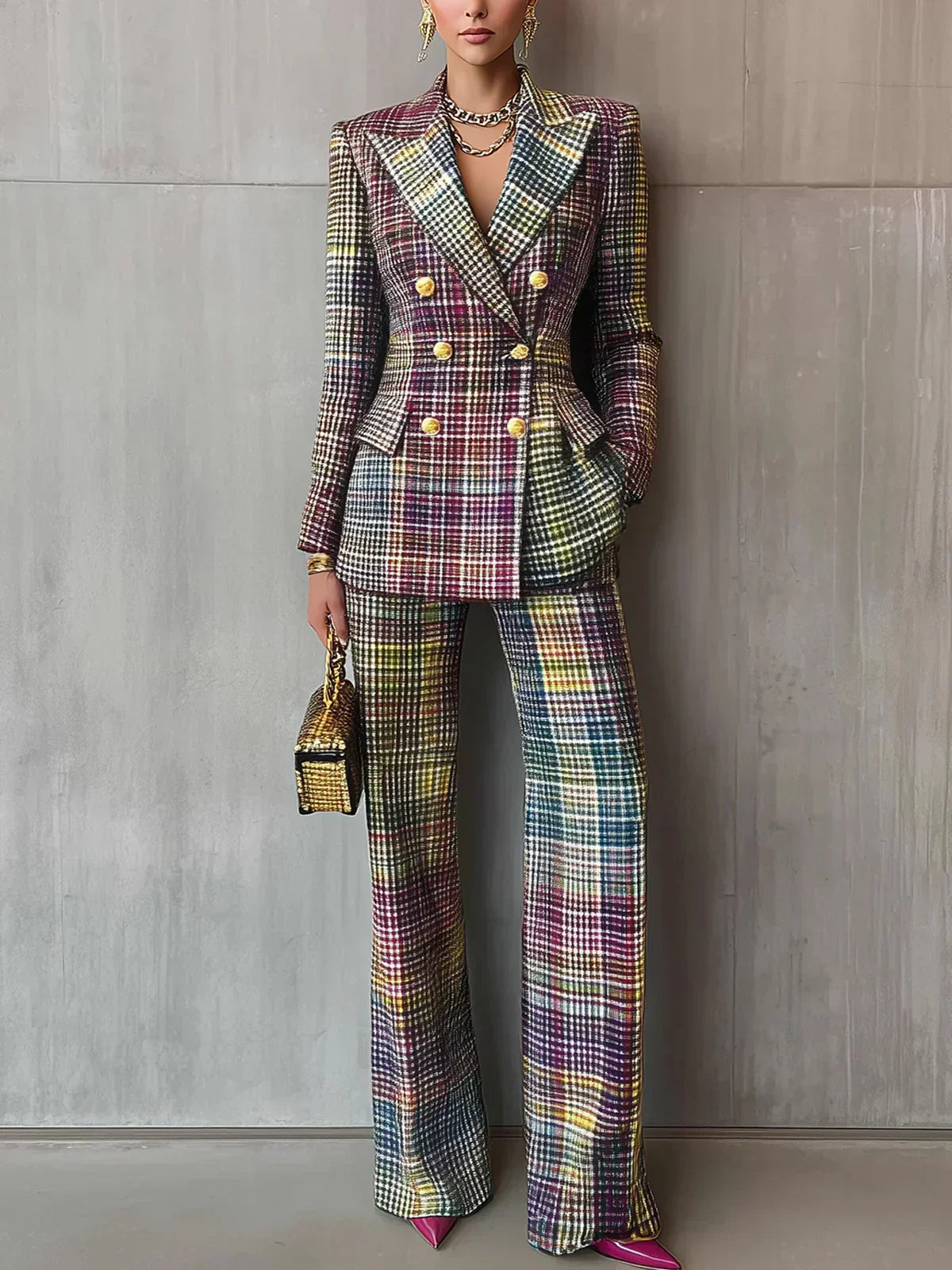 Women’s Plaid Double-Breasted Blazer and Wide-Leg Pants | Two-Piece Suit