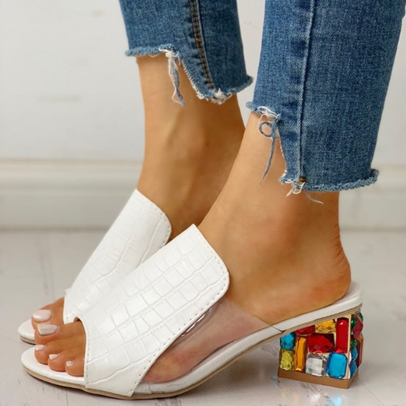 Women's Open Toe Slide Sandals | with Colorful Jewel Chunky Heels