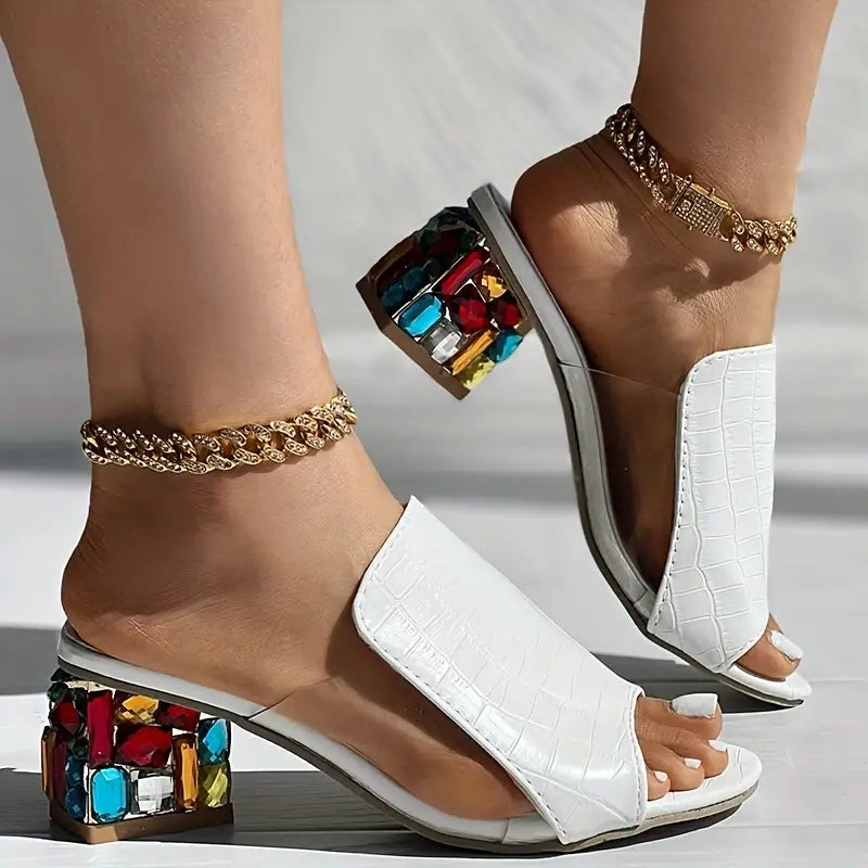 Women's Open Toe Slide Sandals | with Colorful Jewel Chunky Heels