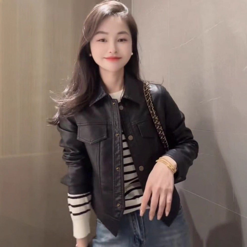 Faux Leather Jacket with Button Closure for Women - Iolanda