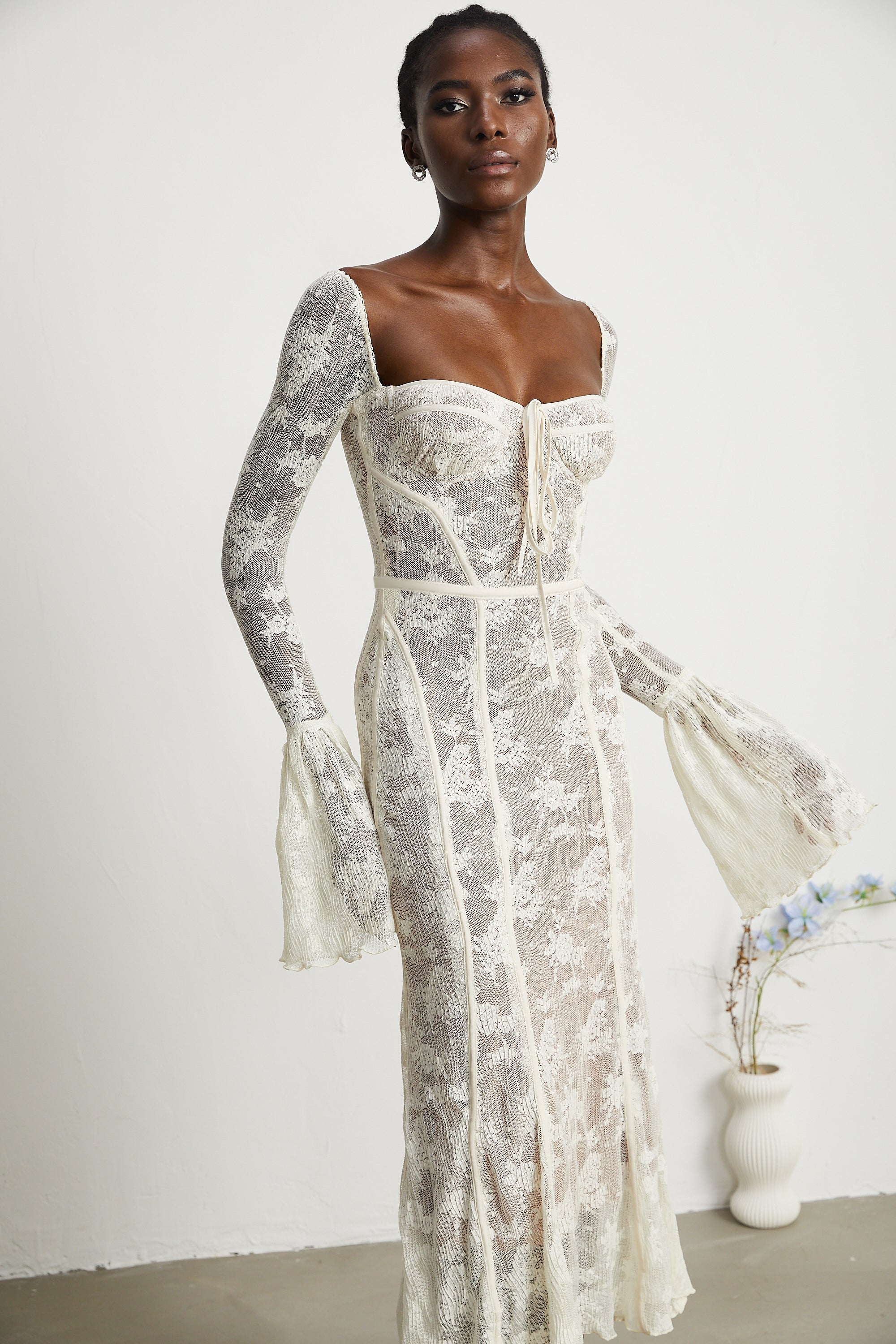 Ivory Lace Maxi Dress with Flared Sleeves for Women - Camilla