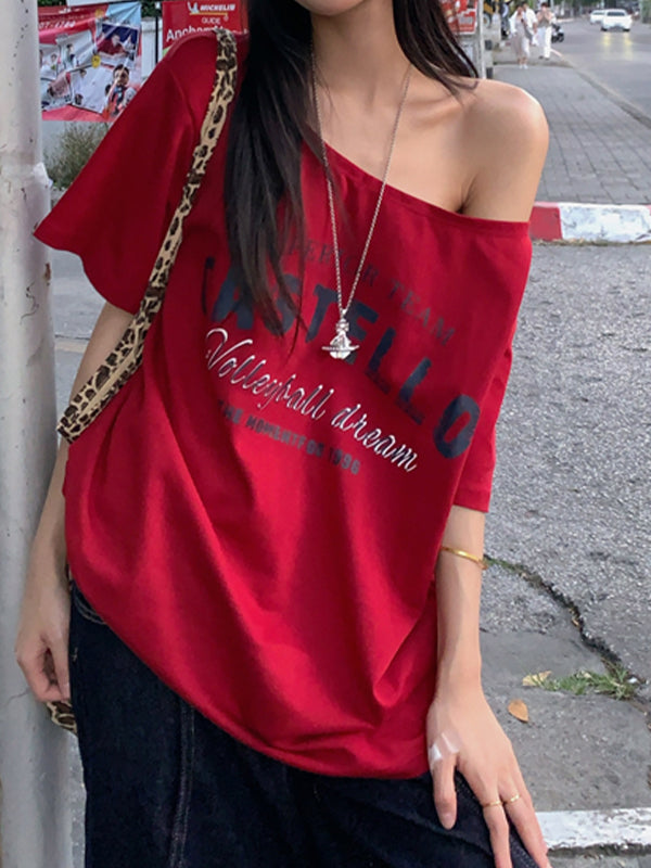 Red Y2k Digital Print Oversized Short Sleeve Tee