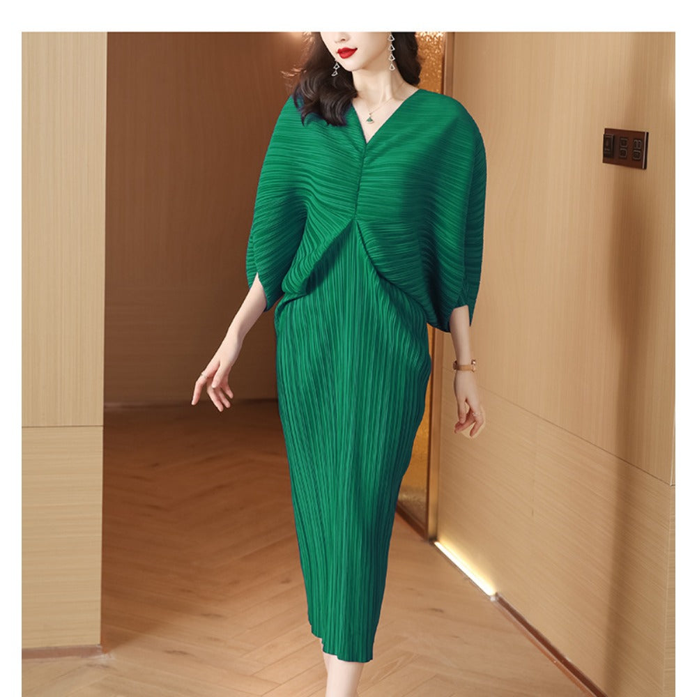 Midi Dress with Pleated Batwing Sleeves for Women - Lina