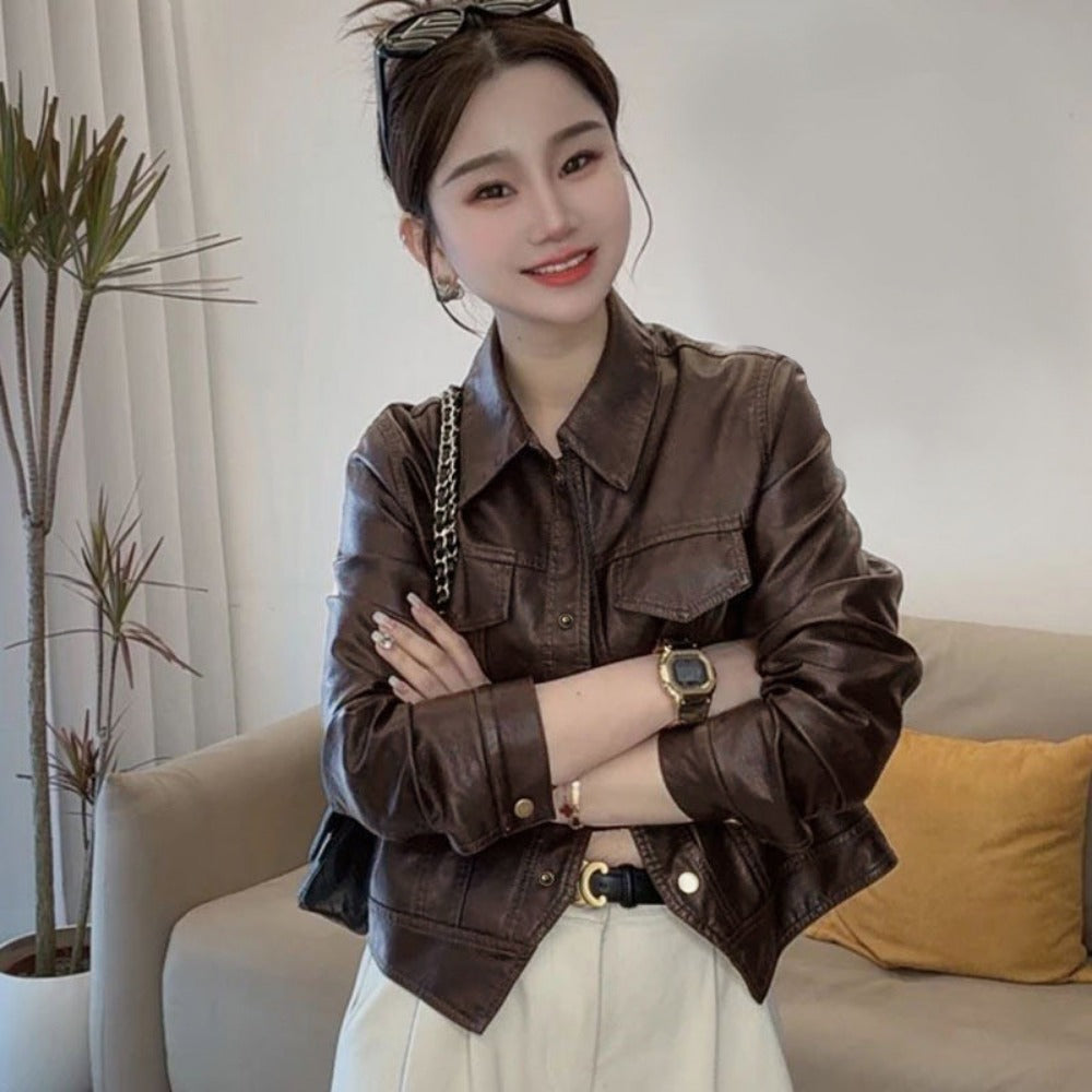 Faux Leather Jacket with Button Closure for Women - Iolanda