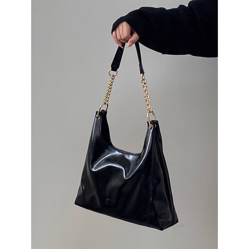 Black Leather Shoulder Bag with Gold Chain Strap for Women - Gioia