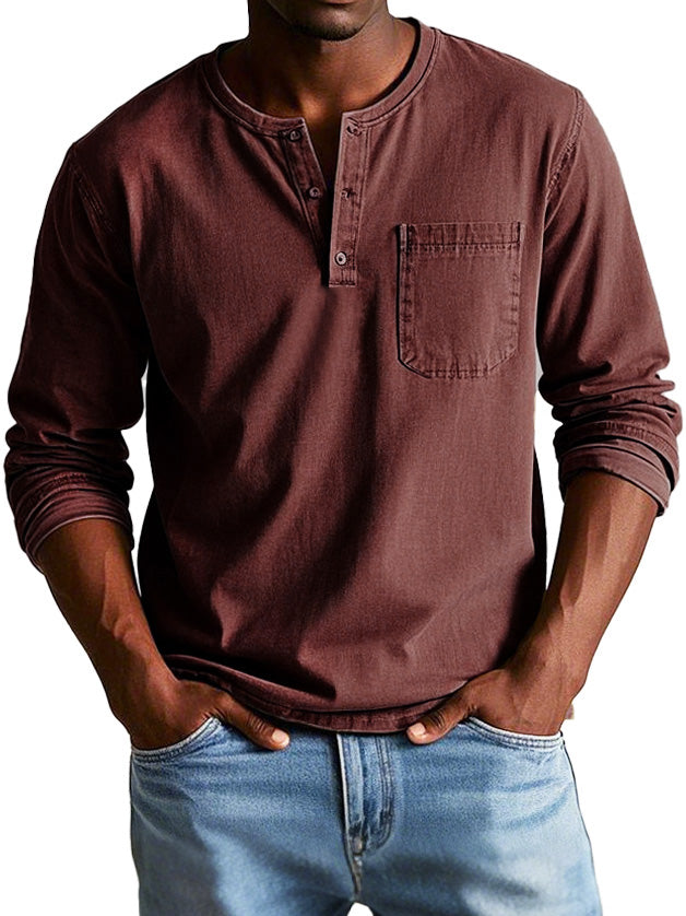 Men's Long Sleeve Henley Tee with Chest Pocket