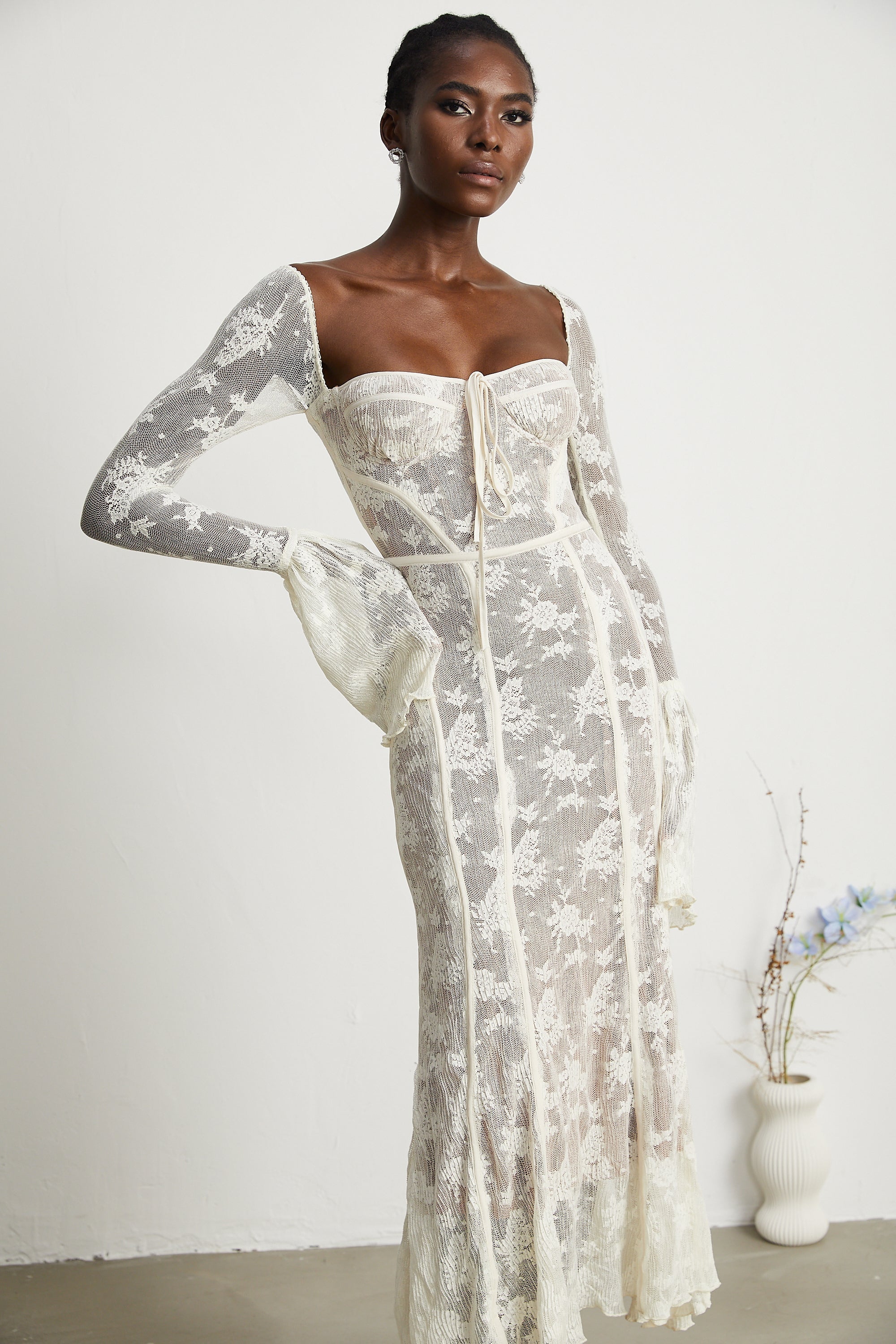 Ivory Lace Maxi Dress with Flared Sleeves for Women - Camilla