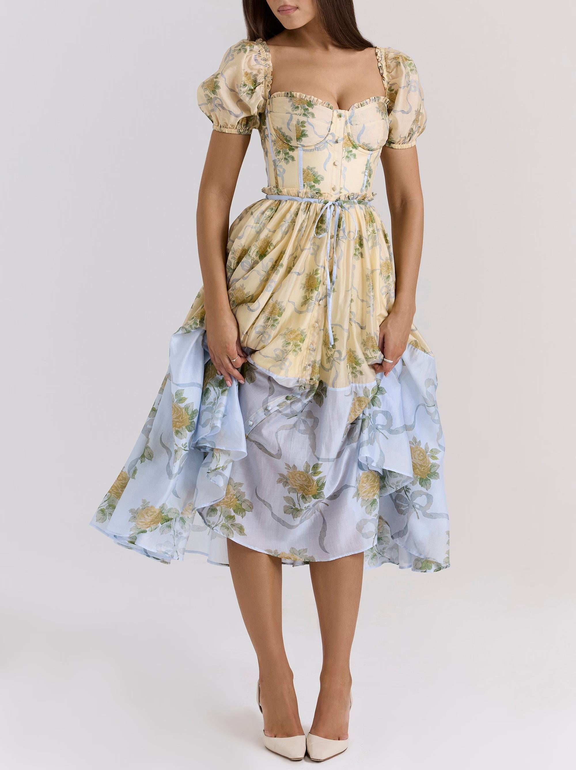 Sweet Printed Chic Puff Sleeve Mid Length Dress