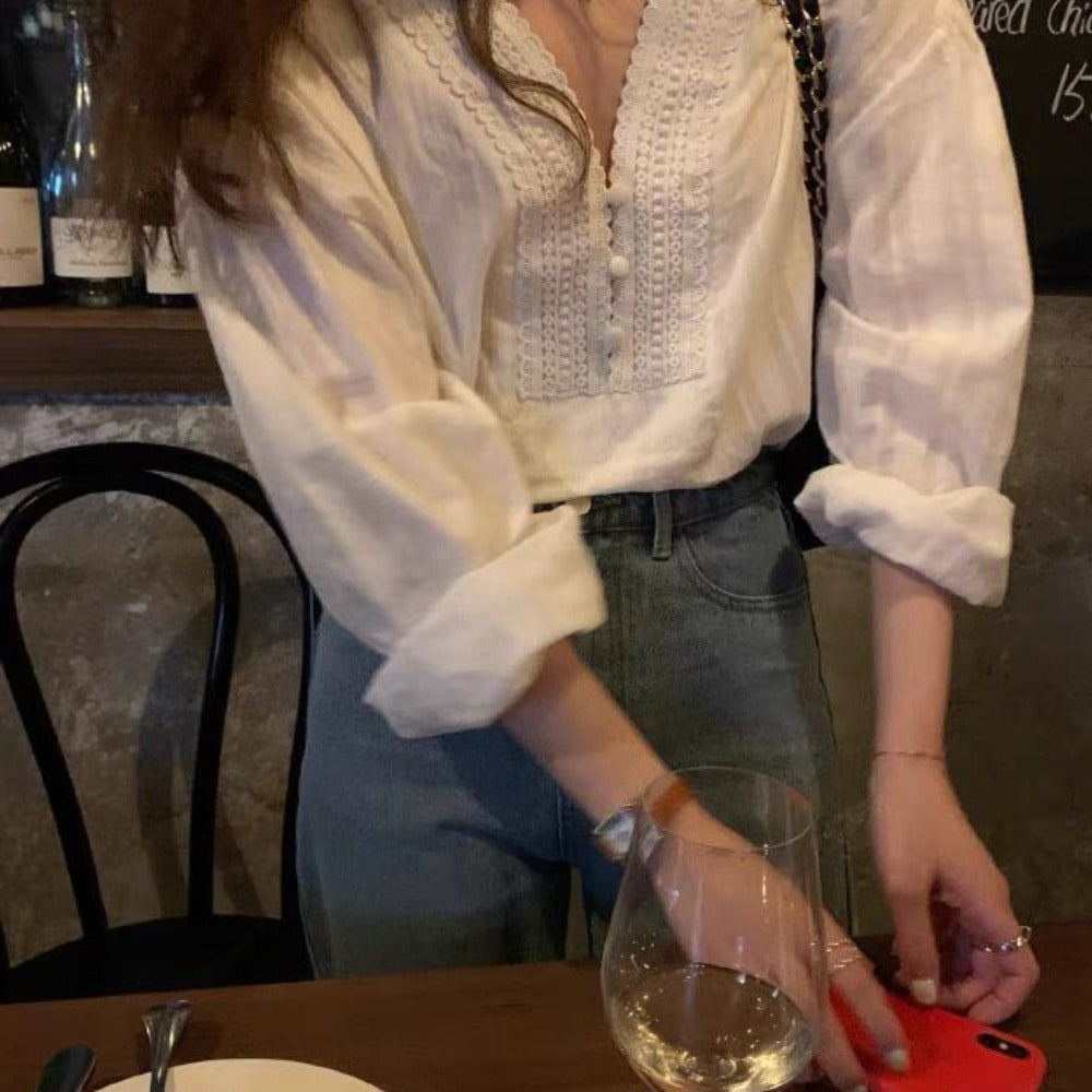White Long Sleeve V Neck Blouse for Women - Marina