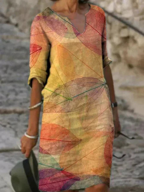Women's V-Neck Midi Dress with Leaf Pattern for Summer