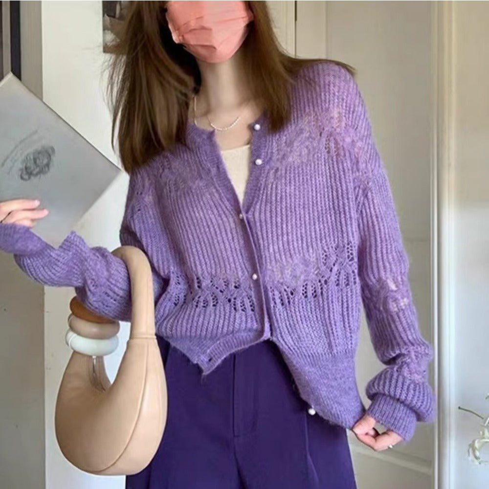 Purple Knit Cardigan Sweater with Long Sleeves for Women - Gelsomina