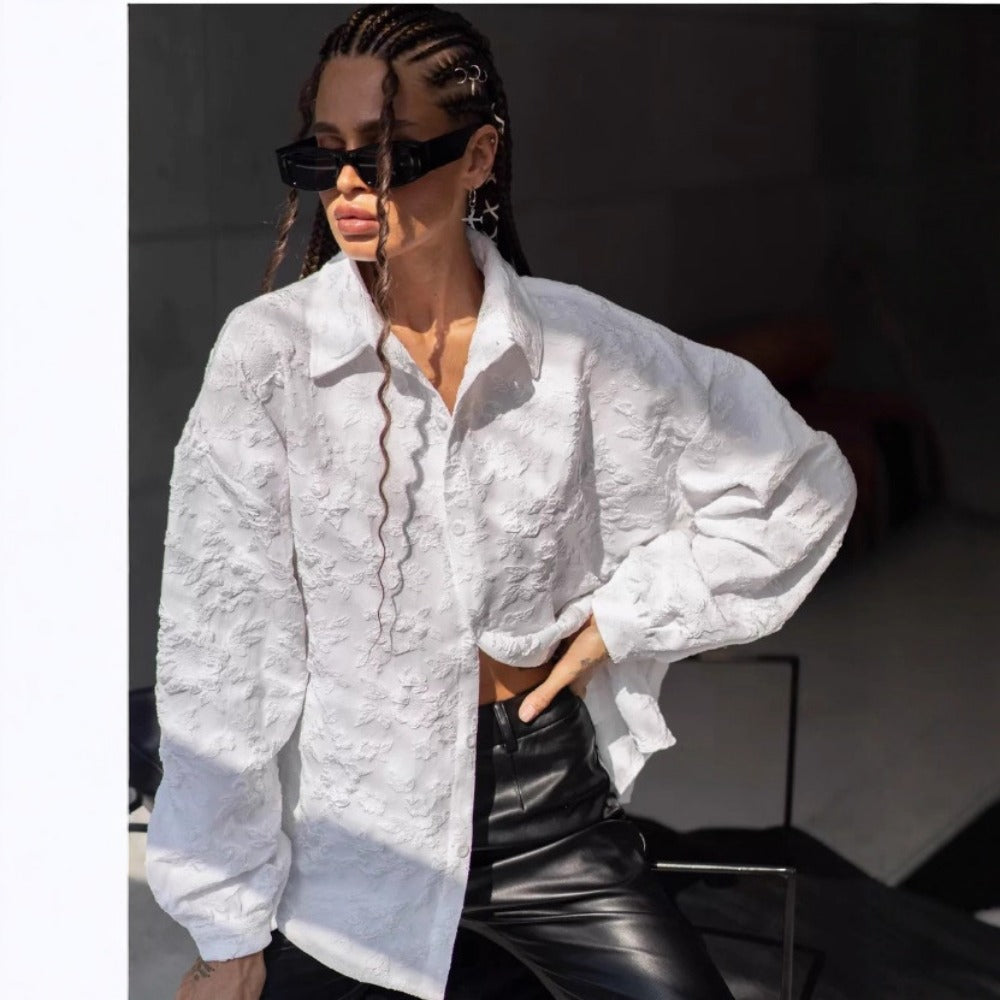 White Textured Button Up Shirt with Long Sleeves for Women - Noemi