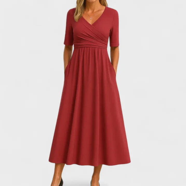 Women's V-Neck 3/4 Sleeve Midi Wrap Dress