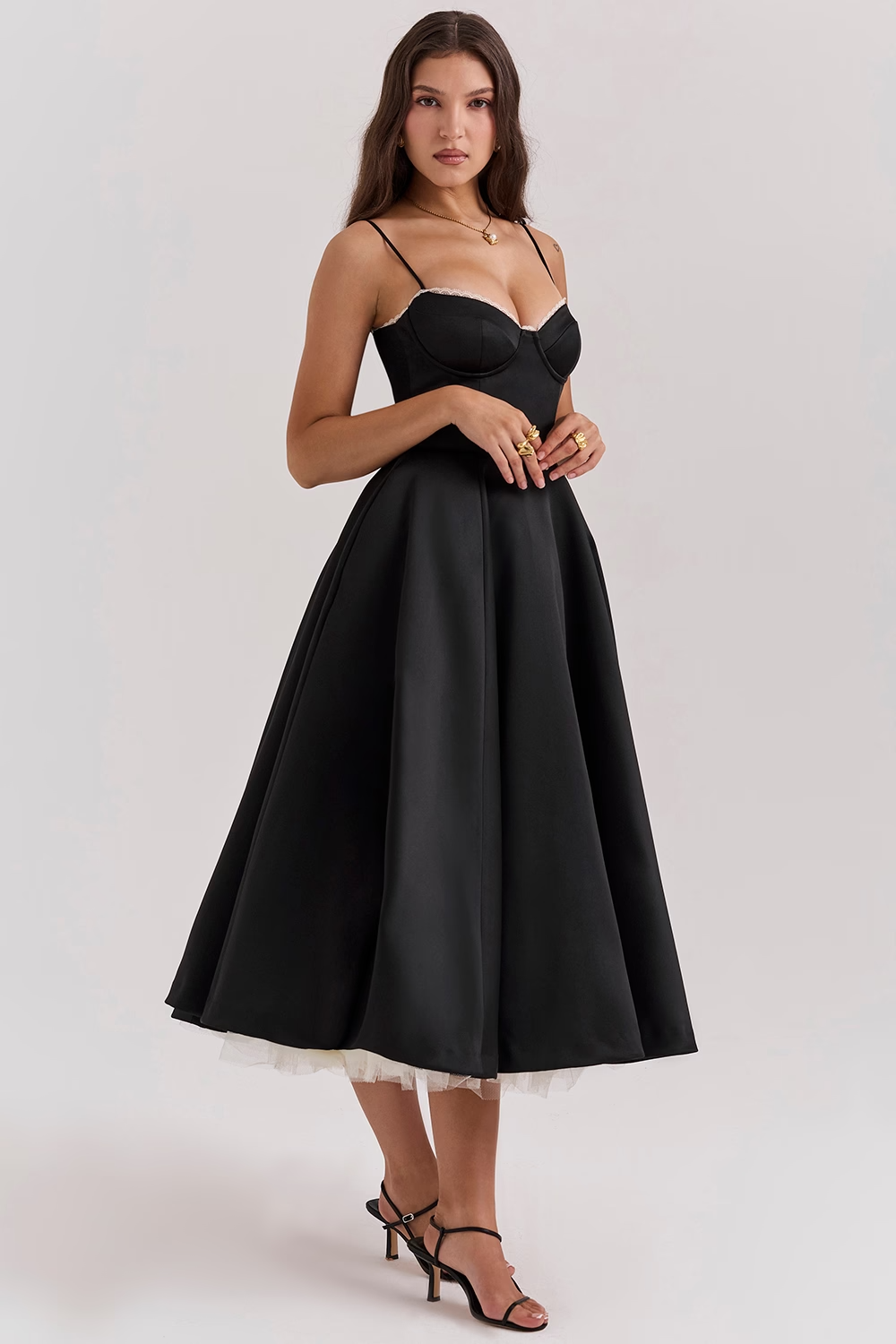 Women's Midi Evening Dress with Heart-Shaped Neckline