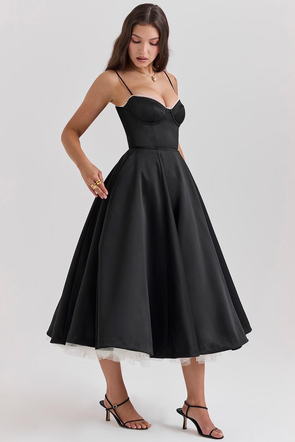 Women's Midi Evening Dress with Heart-Shaped Neckline