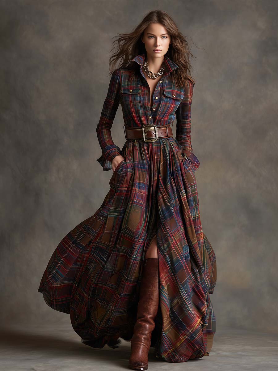 Women's Plaid Maxi Shirt Dress | Long Sleeve