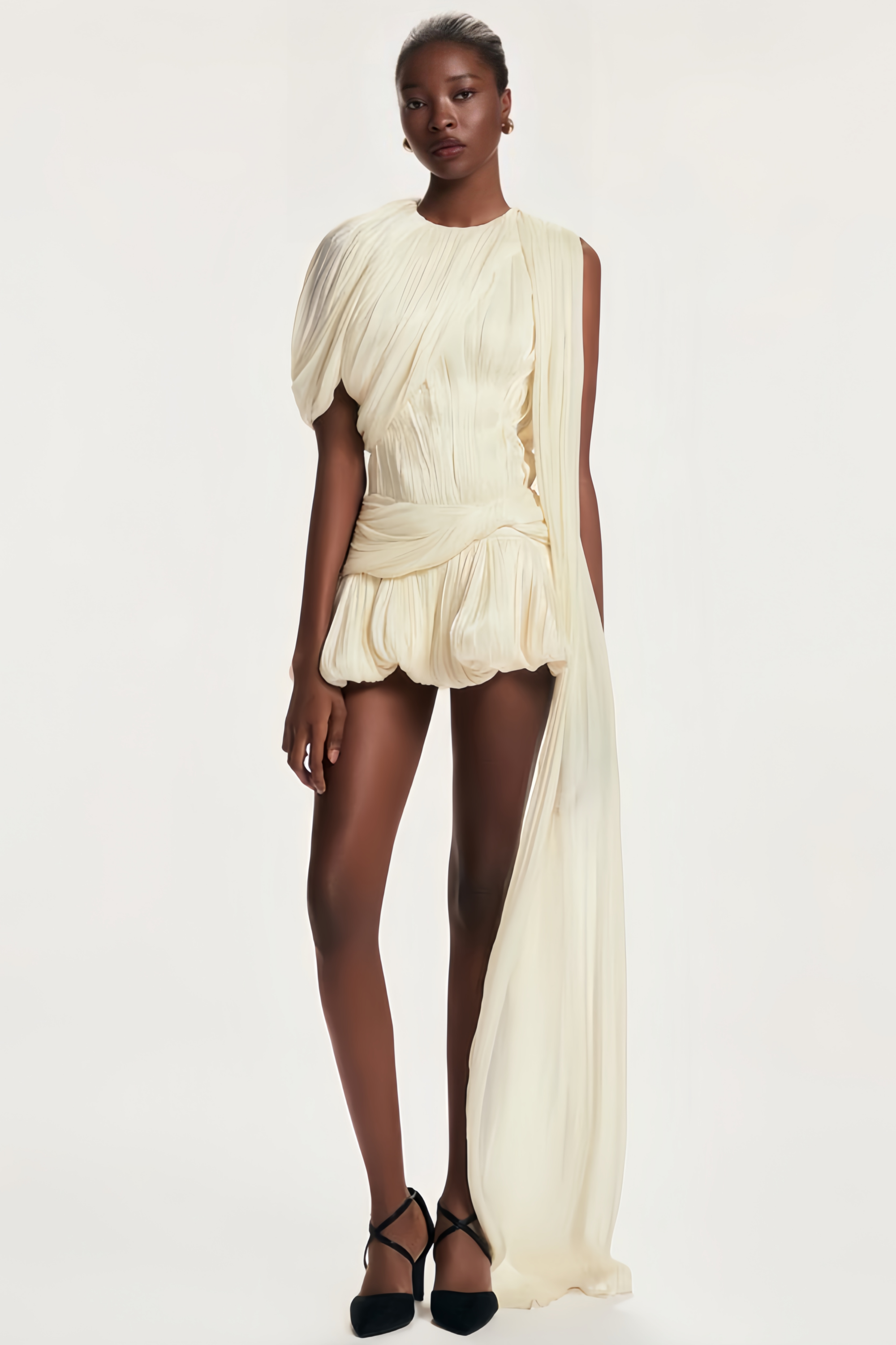 Ivory Pleated Mini Dress with Sash for Women - Elisa