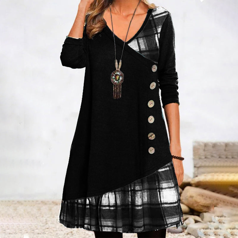 Checkered Long Sleeve Midi Dress for Women