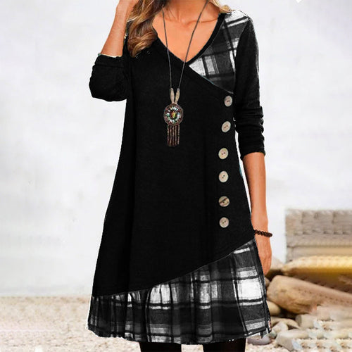 Checkered Long Sleeve Midi Dress for Women