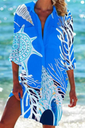 Women's Marine Motif Beach Cover-Up Shirt Dress | Long Sleeve
