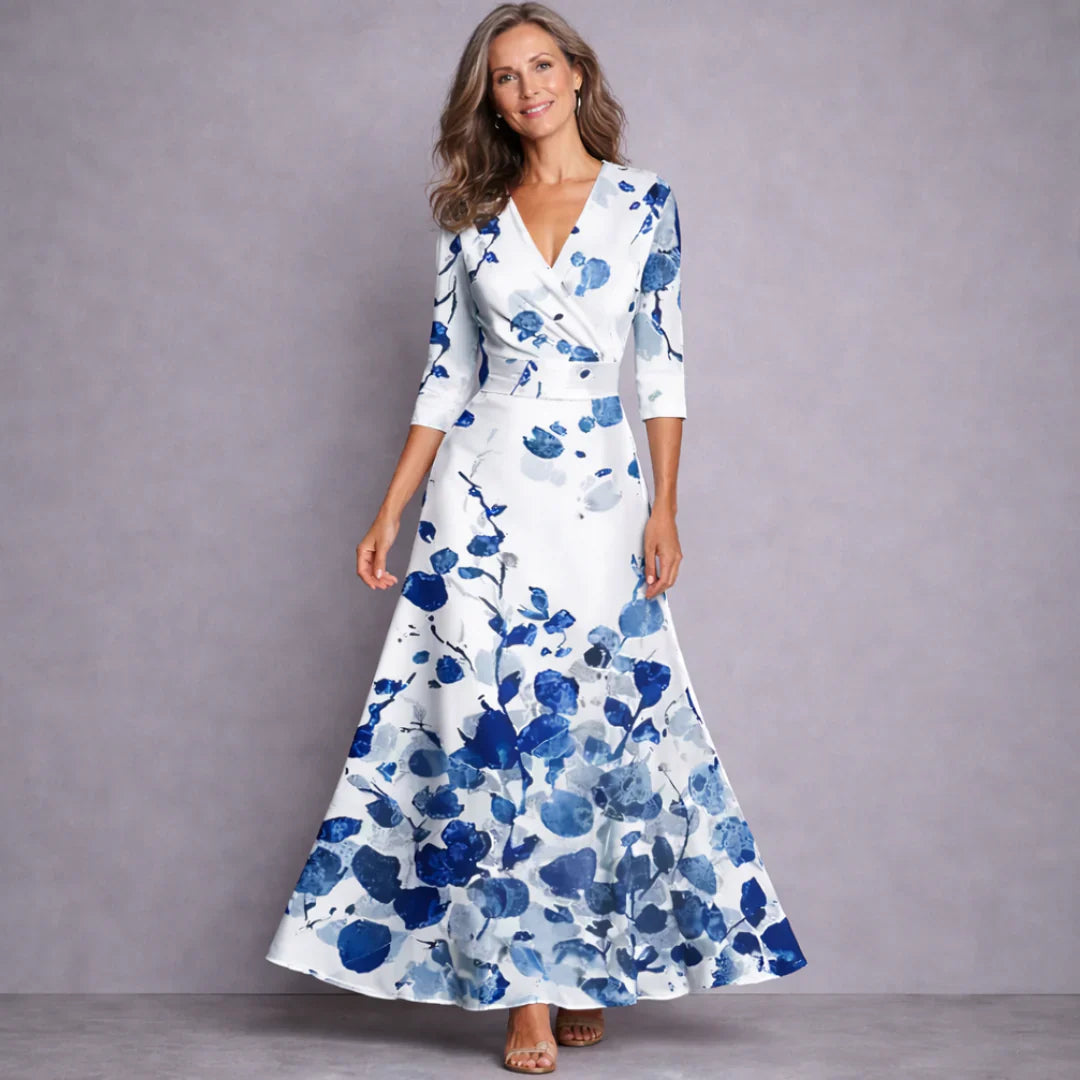 Women's V-Neck Wrap Maxi Dress | with 3/4 Sleeves