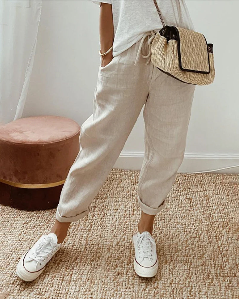 Women's Lightweight Linen Summer Pants with Drawstring