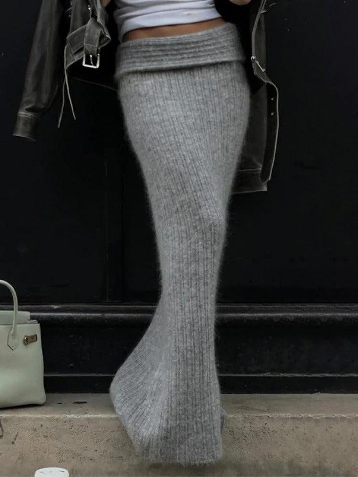 Classic Gray Solid Turned Waist Low Rise Maxi Skirt