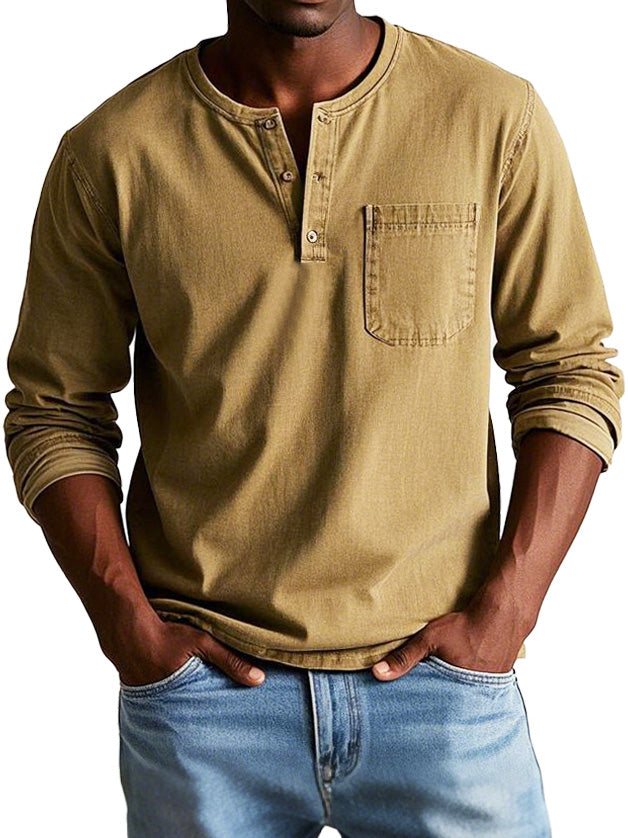 Men's Long Sleeve Henley Tee with Chest Pocket