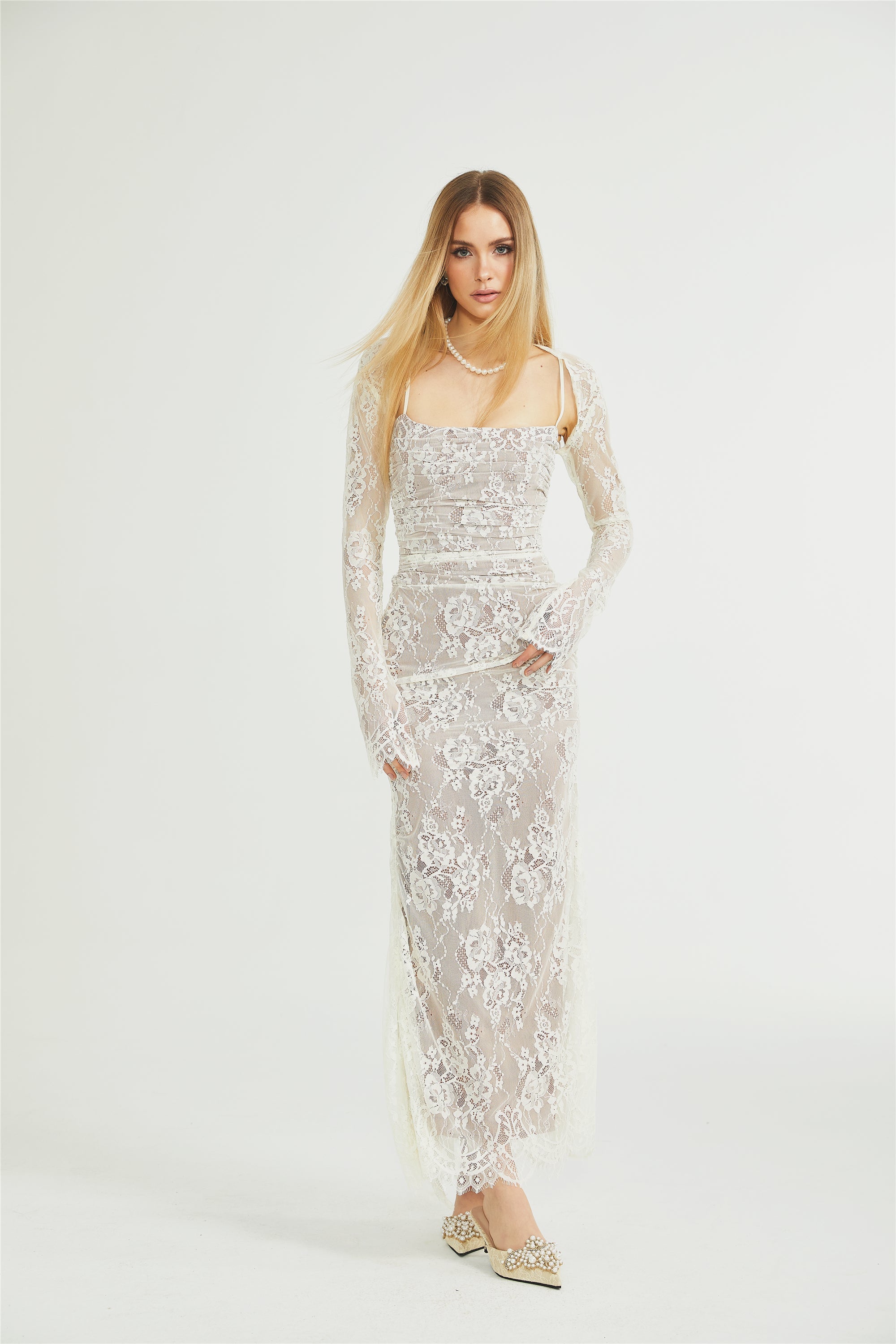 Ivory Lace Maxi Dress with Sheer Sleeves for Women - Giada