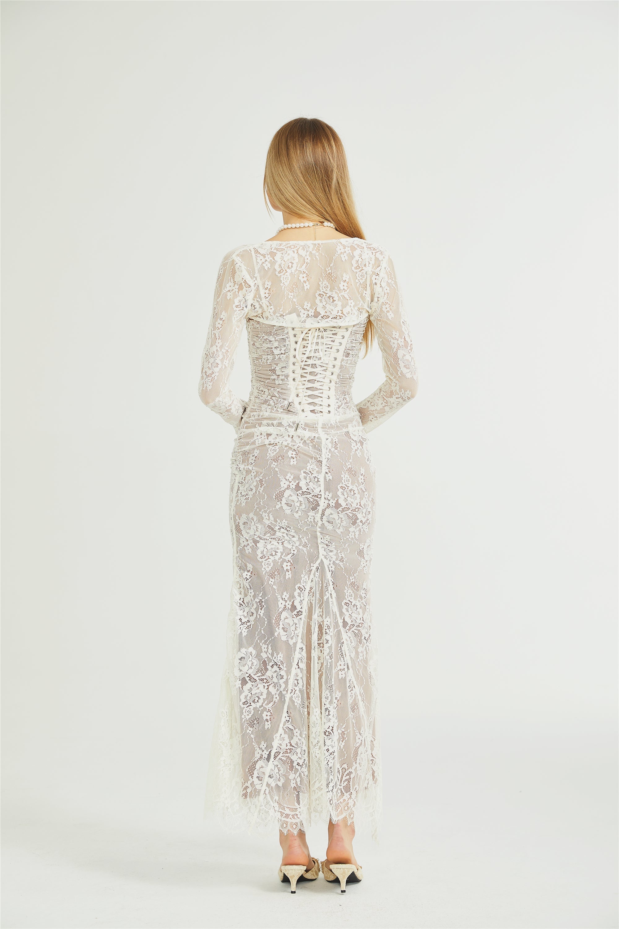 Ivory Lace Maxi Dress with Sheer Sleeves for Women - Giada