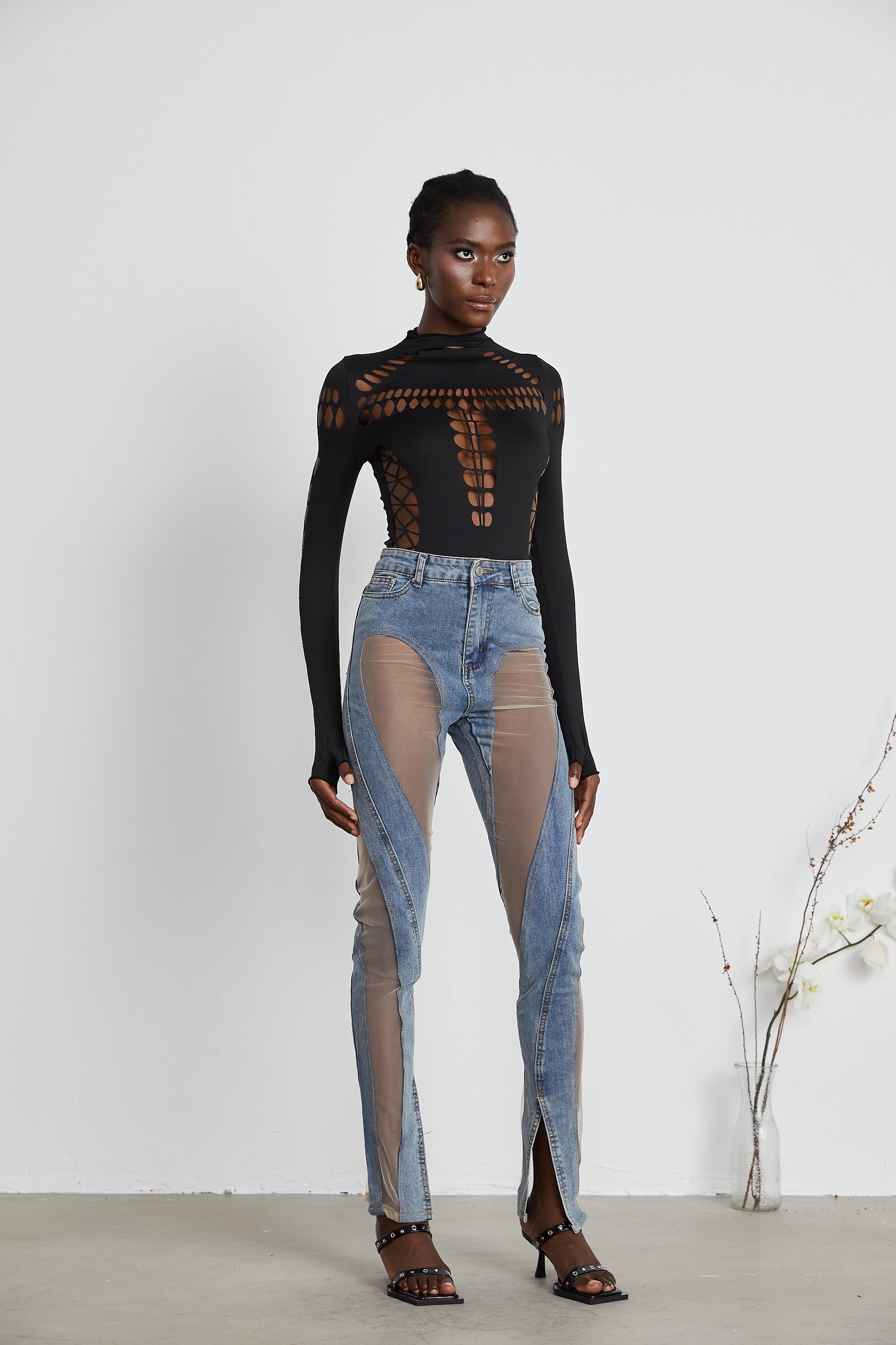 Black Cut-Out Bodysuit with Mesh Detail for Women - Rebecca