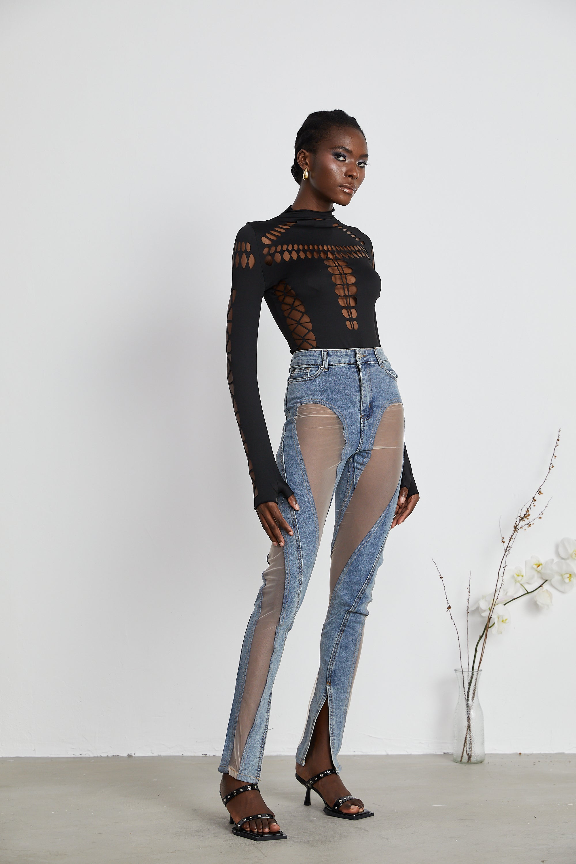 Black Cut-Out Bodysuit with Mesh Detail for Women - Rebecca