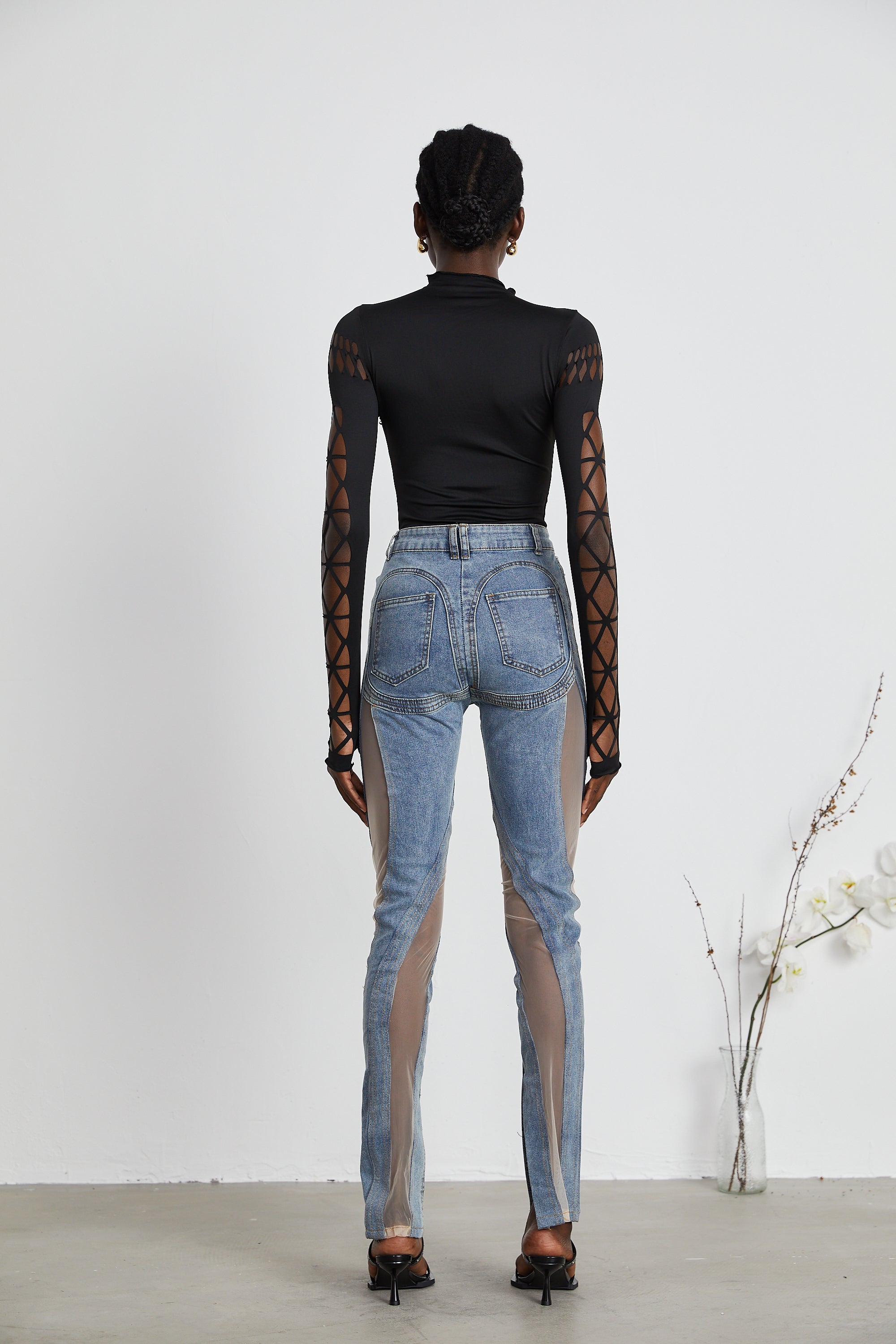 Black Cut-Out Bodysuit with Mesh Detail for Women - Rebecca