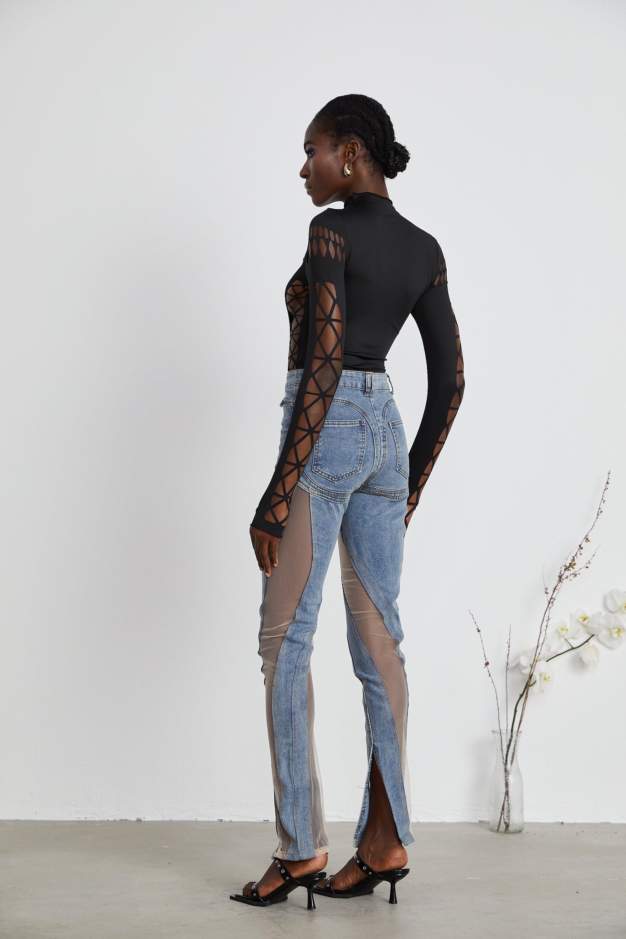 Black Cut-Out Bodysuit with Mesh Detail for Women - Rebecca