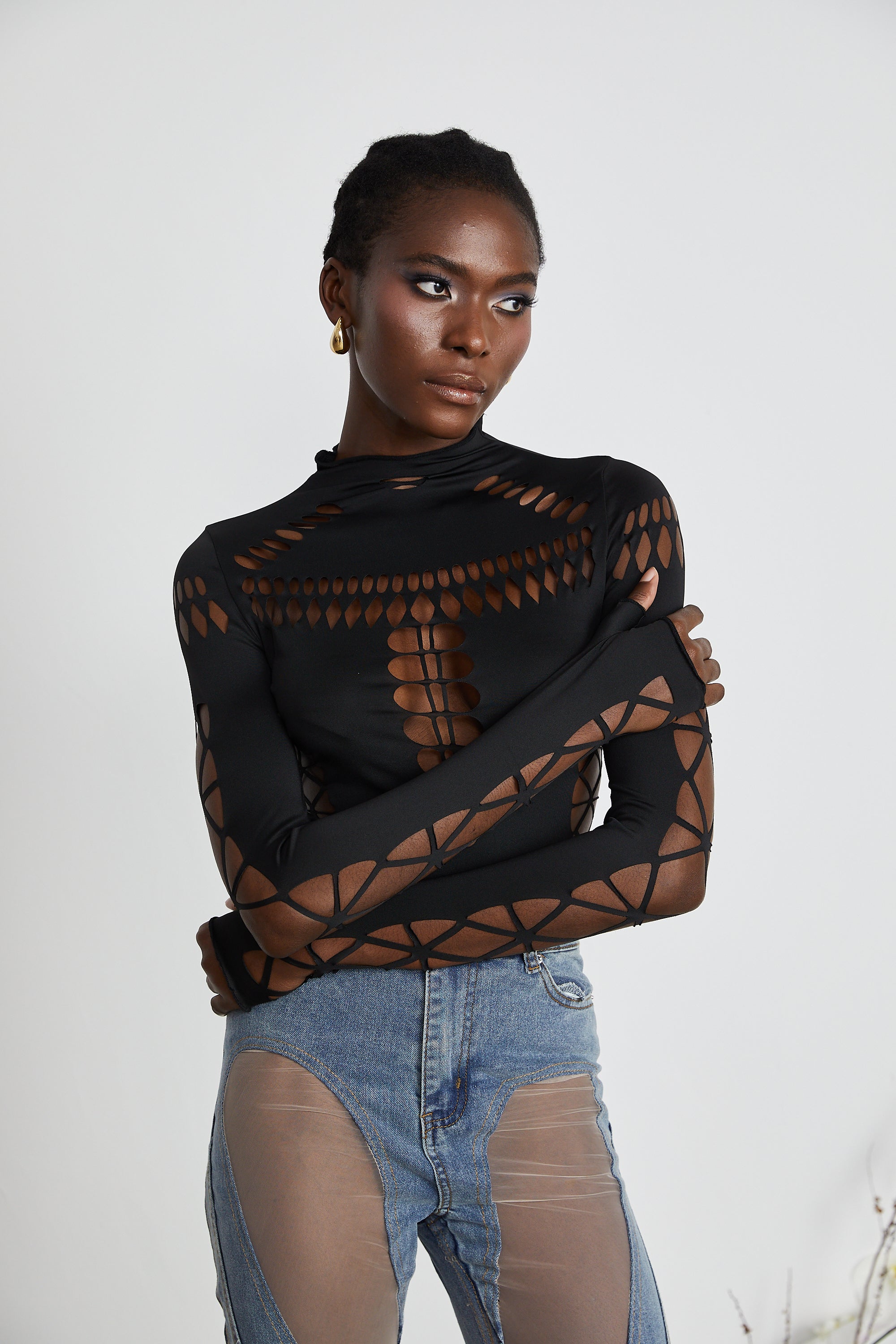 Black Cut-Out Bodysuit with Mesh Detail for Women - Rebecca