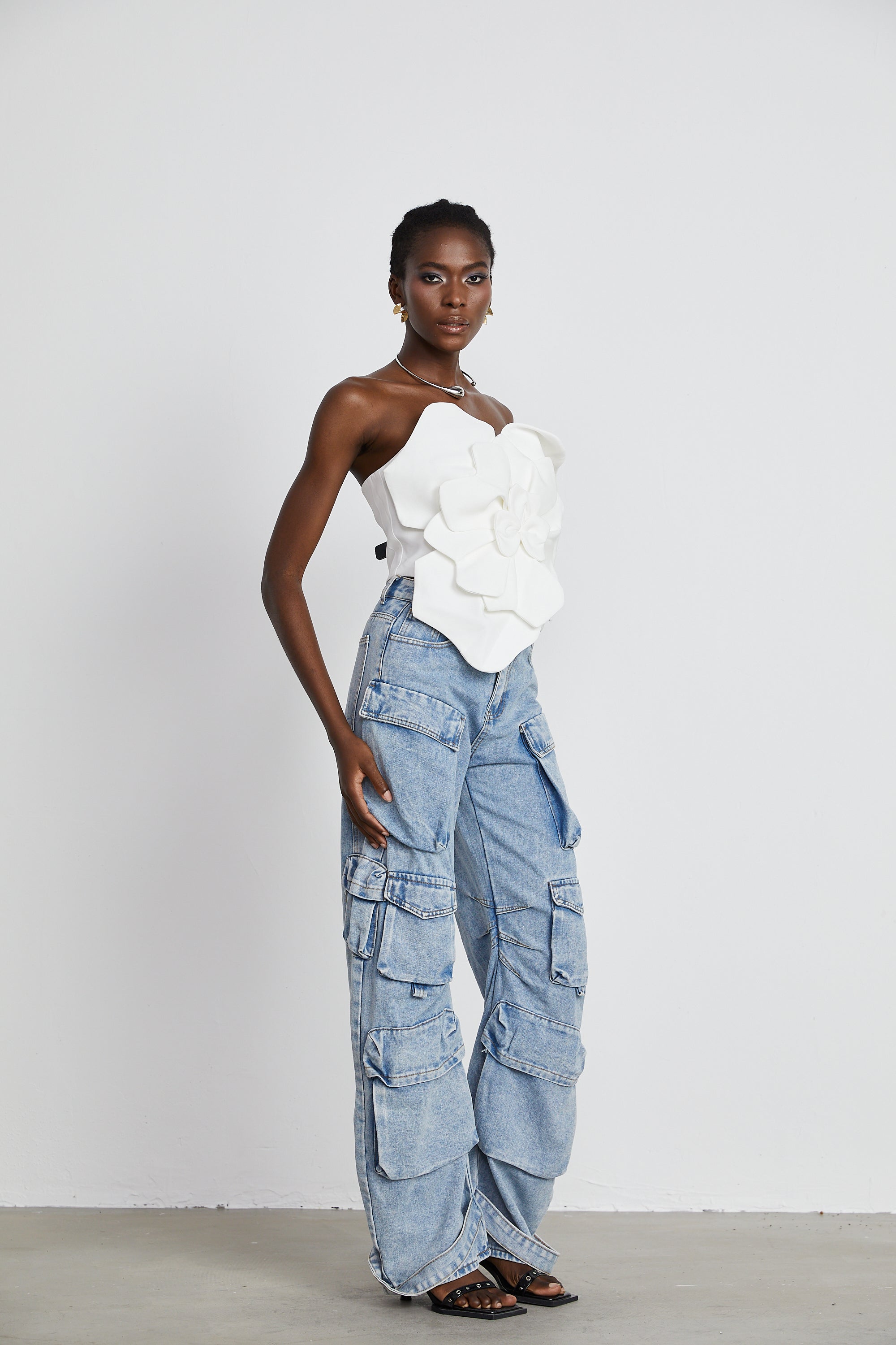 White Strapless Floral Top with 3D Appliqué for Women - Sibilla